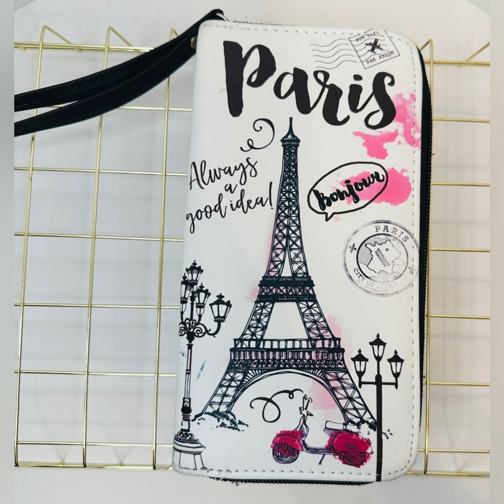 Claire’s Paris Zippered Accordion Wallet Wristlet Watercolor Style Pink & Black